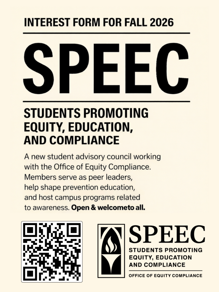 Promotional flyer for the Fall 2026 SPEEC (Students Promoting Equity, Education, and Compliance) interest form, inviting Providence College students to join the Office of Equity Compliance's student advisory council.